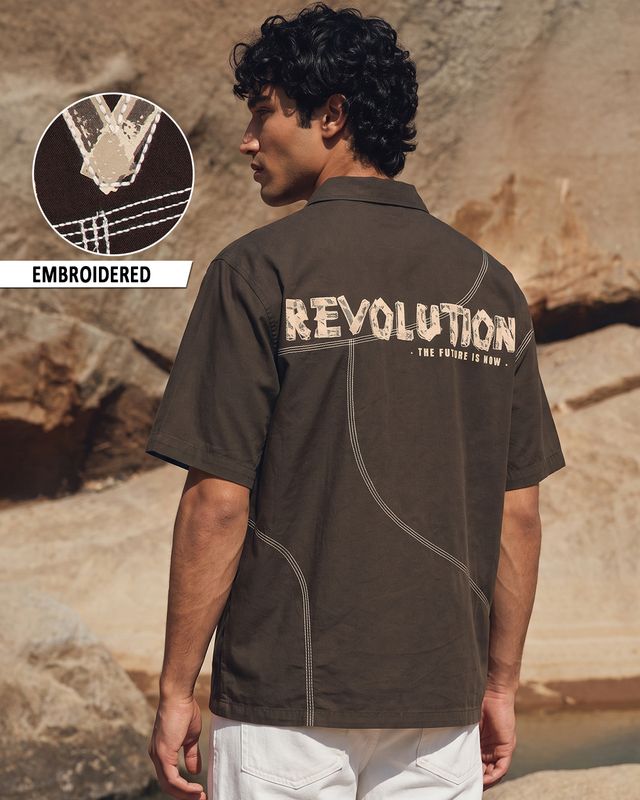 Men's Brown Embroidered Oversized Shirt