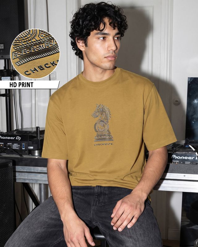 Men's Mustard Gold Checkmate Graphic Printed Oversized T-shirt