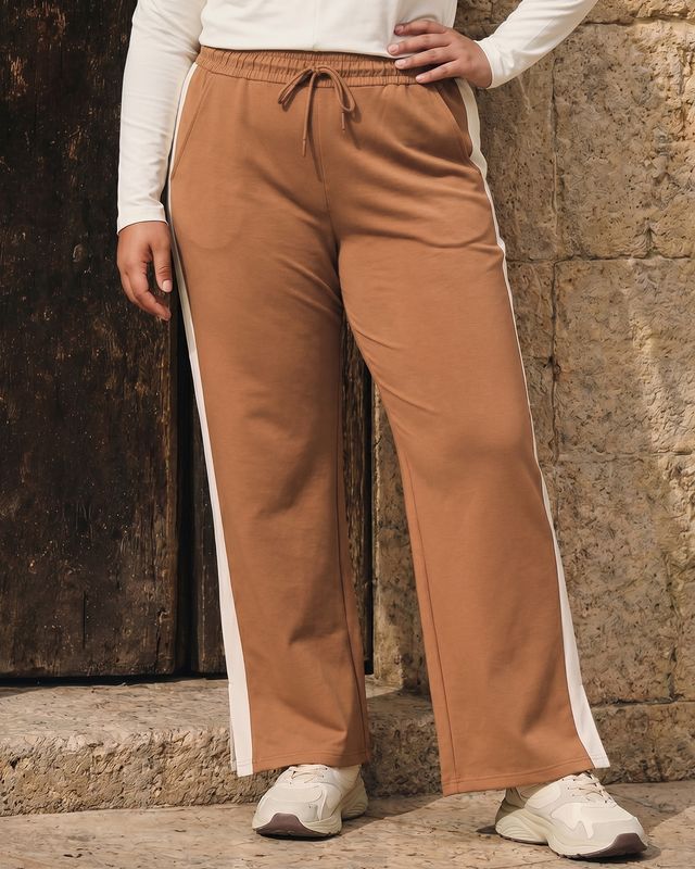 Women's Brown Side Panel Wide Leg Plus Size Track Pants