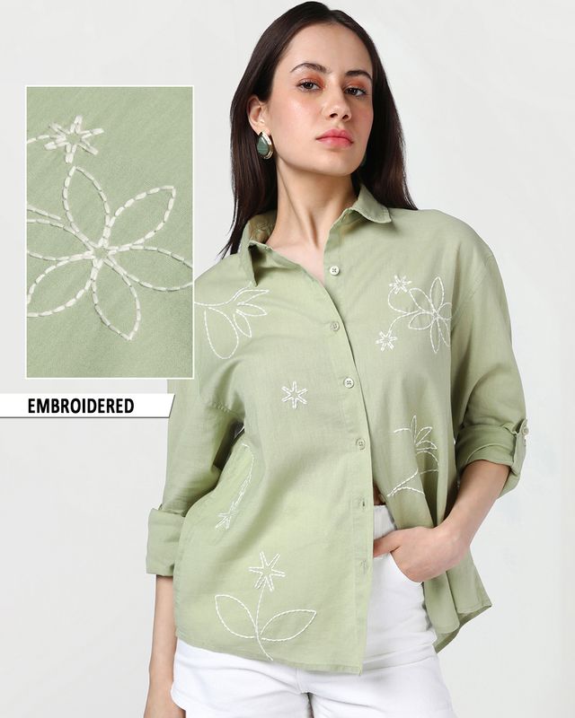 Women's Light Olive Green Embroidered Oversized Cotton Linen Shirt