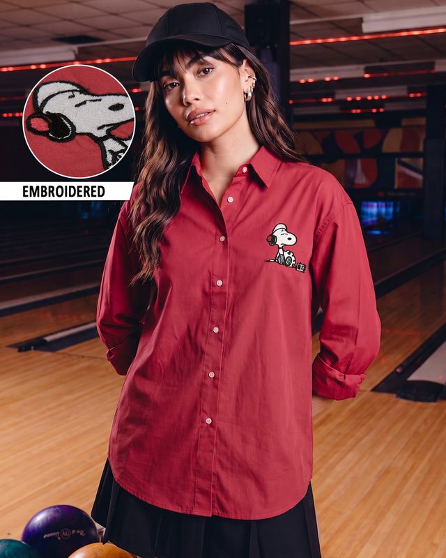 Women's Red Snoopy Embroidered Oversized Shirt
