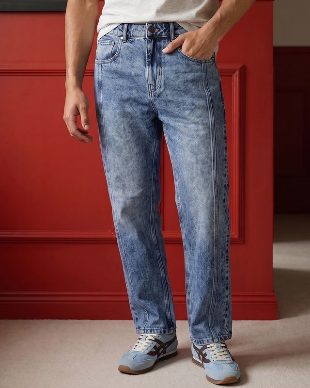 Men's Light Blue Cut & Sew Straight Fit Mid-Rise Jeans