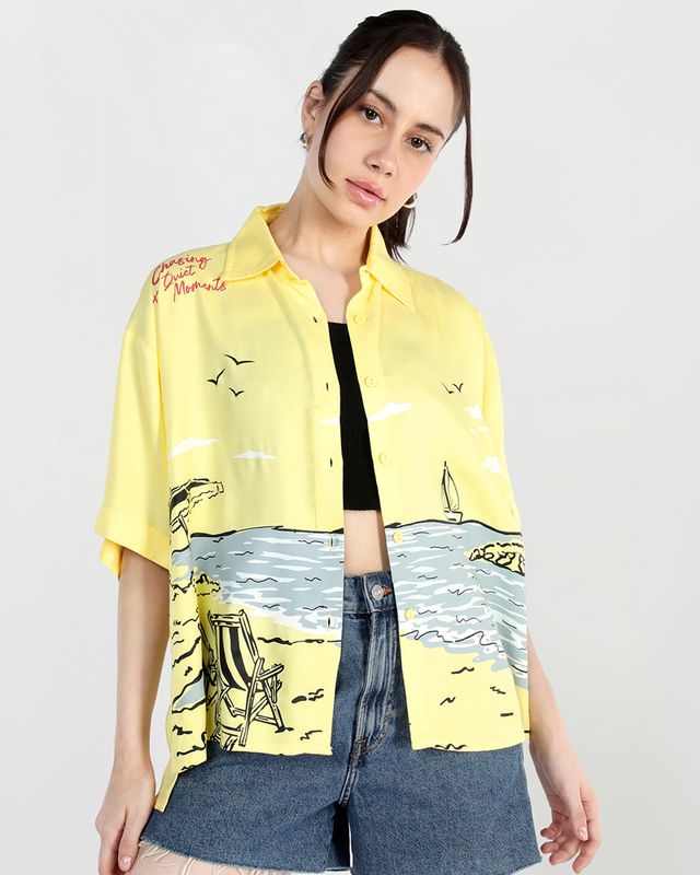 Women's Yellow Graphic Printed Oversized Shirt