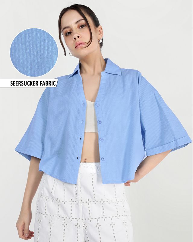 Women's Blue Seersucker Oversized Crop Shirt