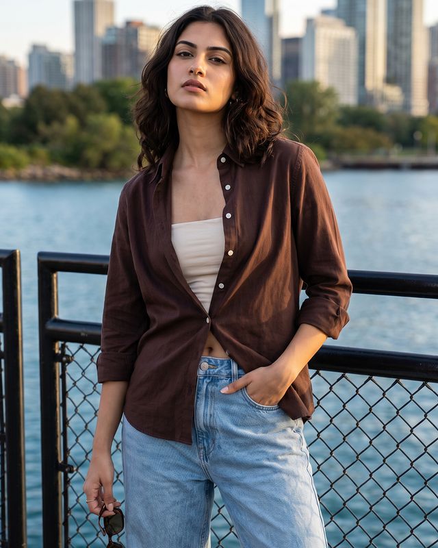 Women's Brown Cotton Viscose Crinkle Fabric Shirt