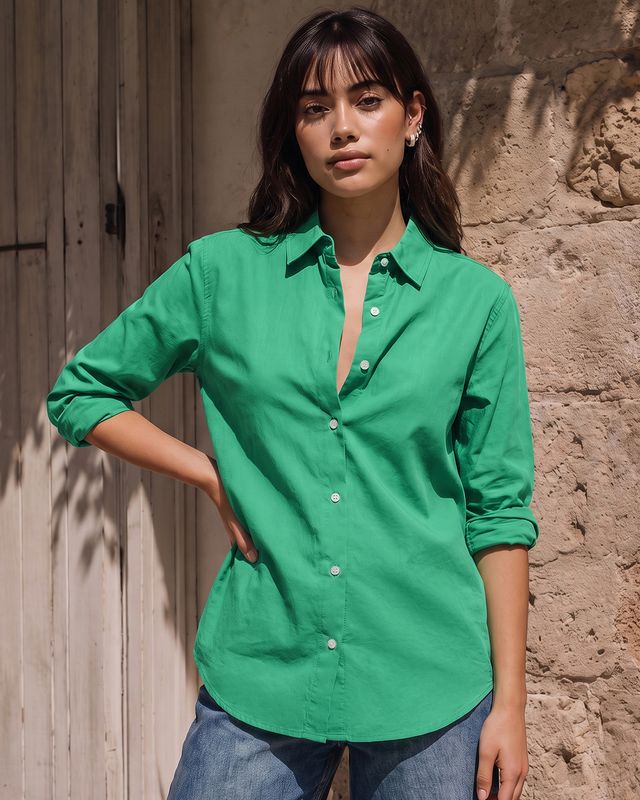 Women's Green Cotton Viscose Crinkle Fabric Shirt