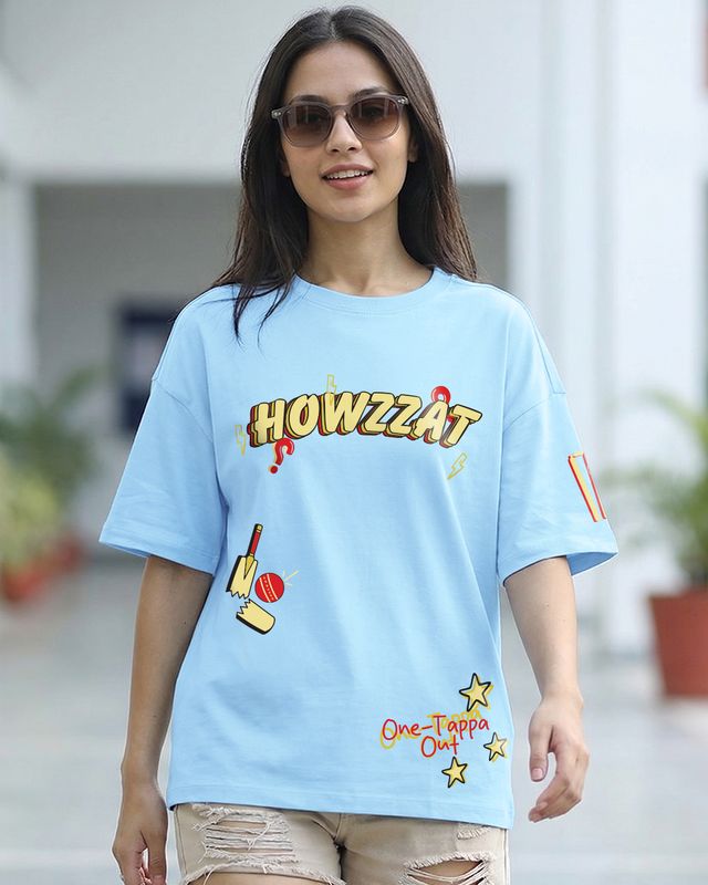 Women's Clear Sky Blue Tappa Graphic Printed Oversized T-shirt