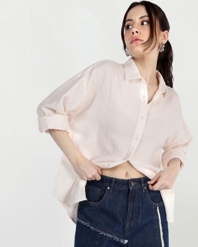 Women's Off White Oversized Double Cloth Crinkled Shirt