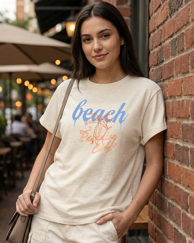Women's Beige Paradise Typography Boyfriend T-shirt