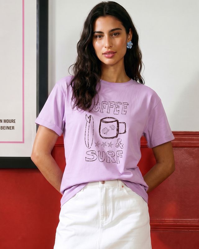 Women's Lilac Bloom Coffee And Surf Typography Boyfriend T-shirt
