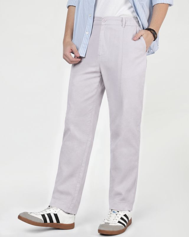 Men's Light Grey Straight Fit Cotton Linen Pants