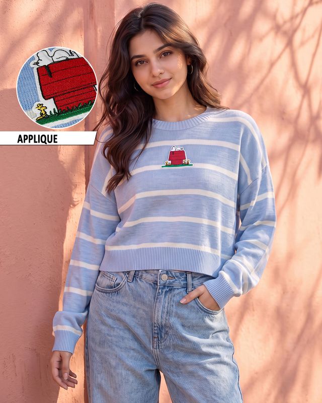 Women's Blue Snoopy Applique Oversized Crop Sweater