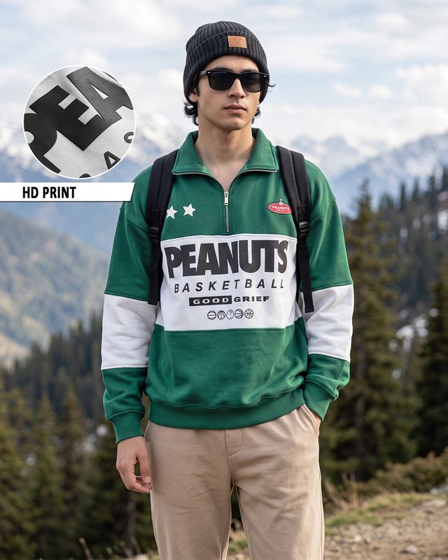 Men's Green & White Peanuts Typography Oversized Polo Zipper Sweatshirt