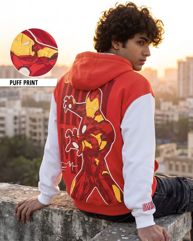 Men's Red & White Iron Man Graphic Printed Oversized Zipper Hoodies
