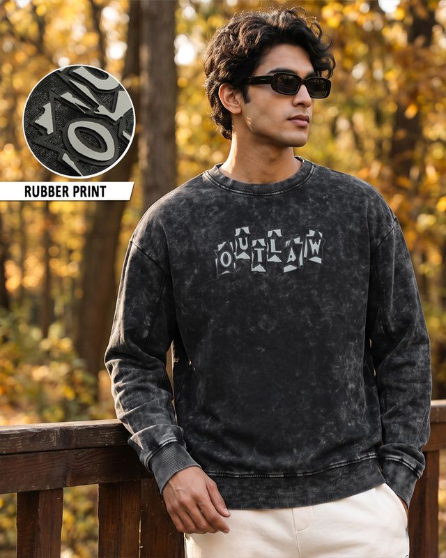 Men's Grey Typrography Oversized Acid Wash Sweatshirt
