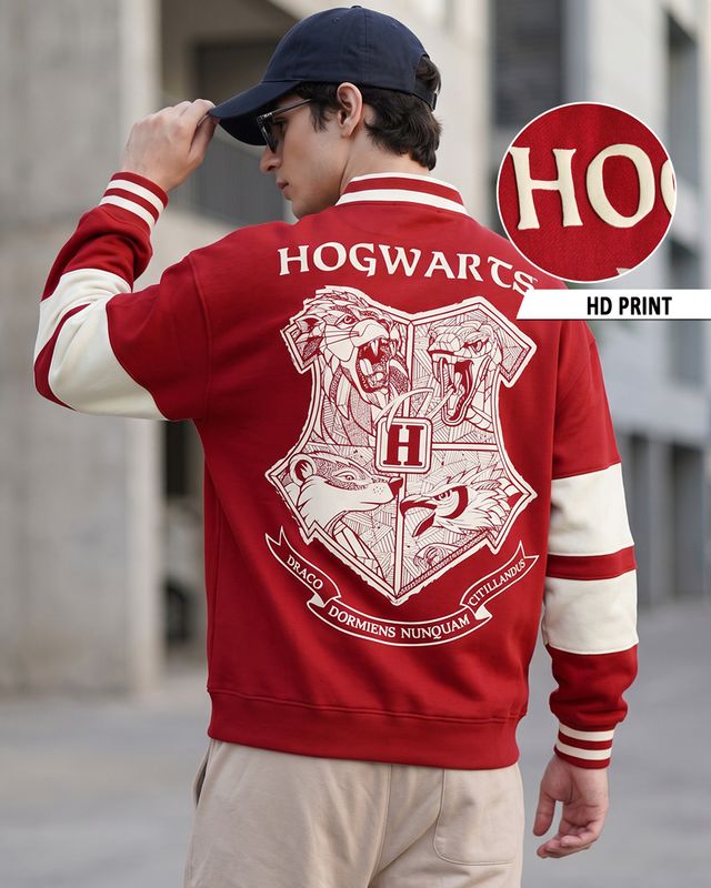 Men's Red & Beige Gryffindor Graphic Printed Oversized Polo Zipper Sweatshirt