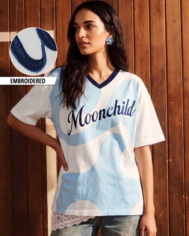 Women's White & Blue Embroidered Oversized T-shirt