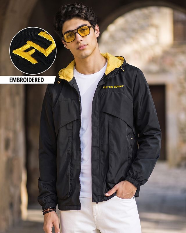 Men's Black Embriodered Oversized Hooded Windcheater Jacket