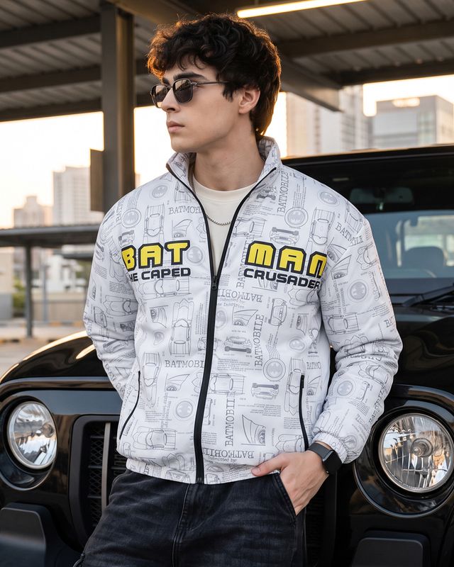 Men's White Batman All Over Printed Oversized Puffer Jacket