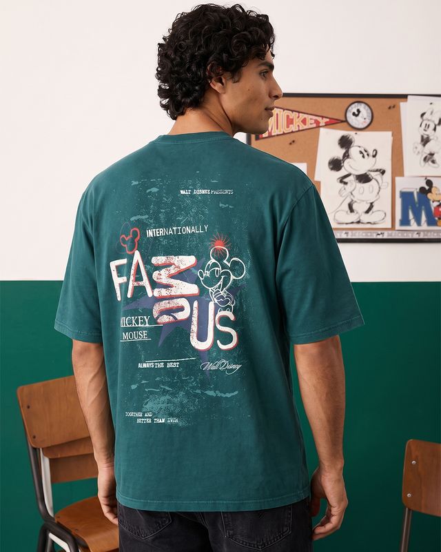 Men's Green Famous Graphic Printed Oversized Acid Wash T-shirt