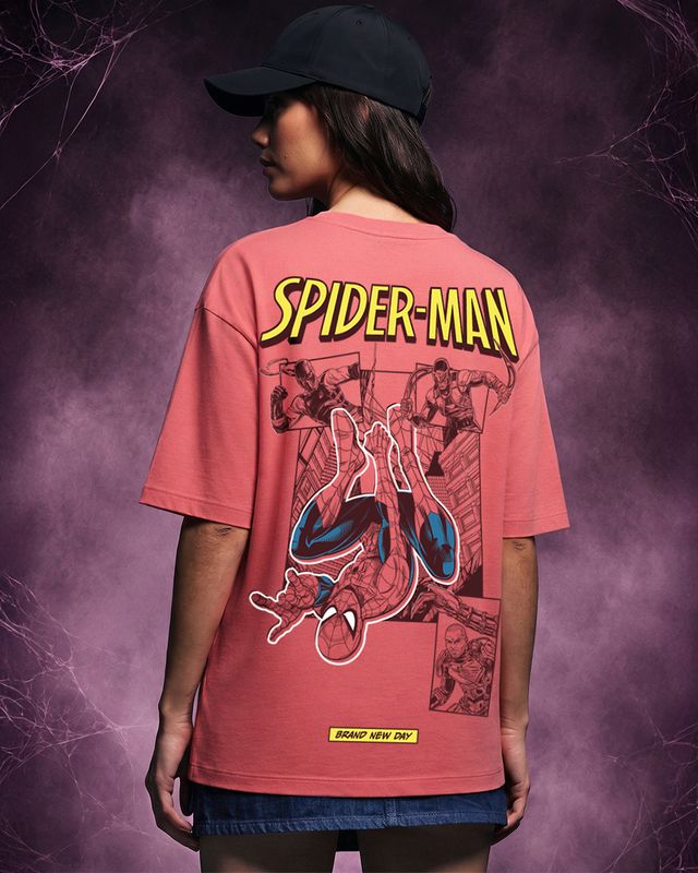 Women's Pink Spiderman Comic Graphic Printed Oversized T-shirt