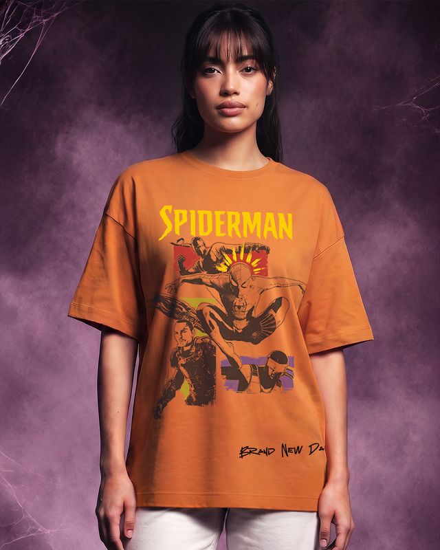 Women's Orange Spiderman Brand New Day Graphic Printed Oversized T-shirt