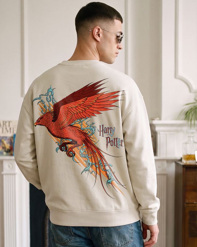 Men's Beige Phoenix Graphic Printed Oversized Sweatshirt
