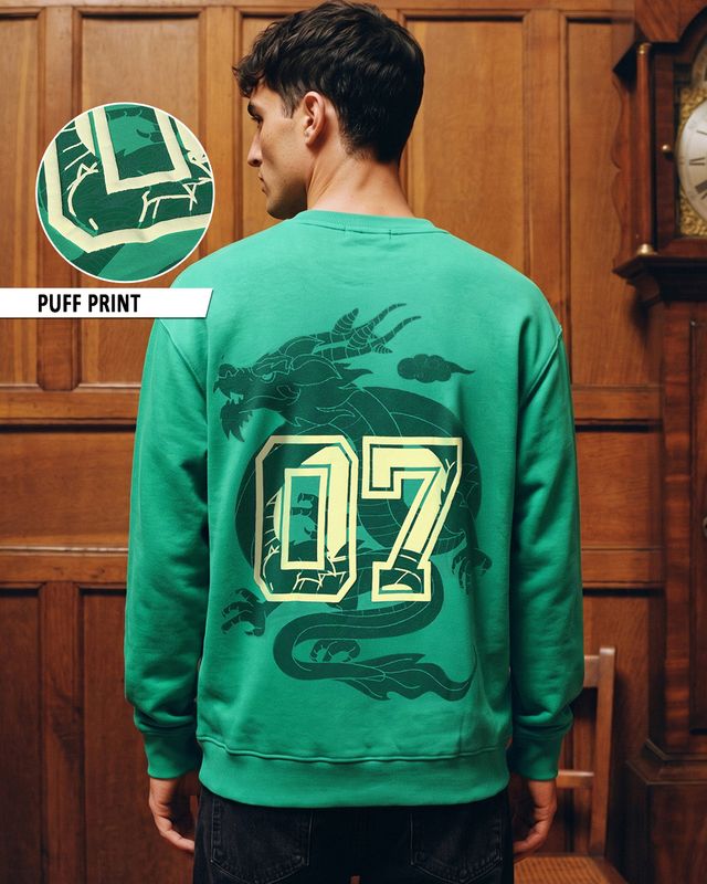 Men's Green Dragon Graphic Printed Oversized Sweatshirt