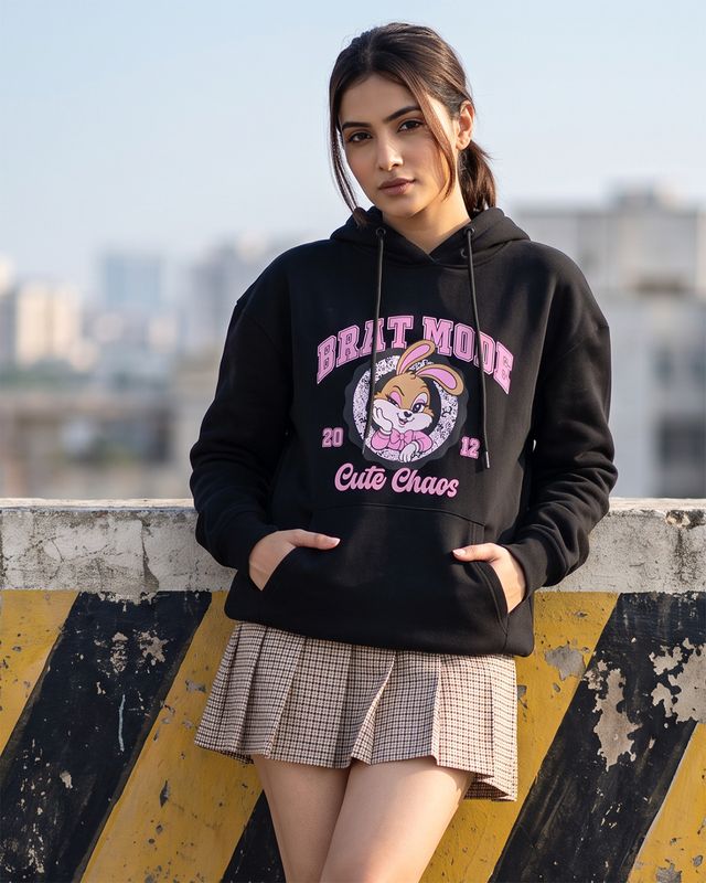 Women's Black Brat Mode Graphic Printed Oversized Hoodies