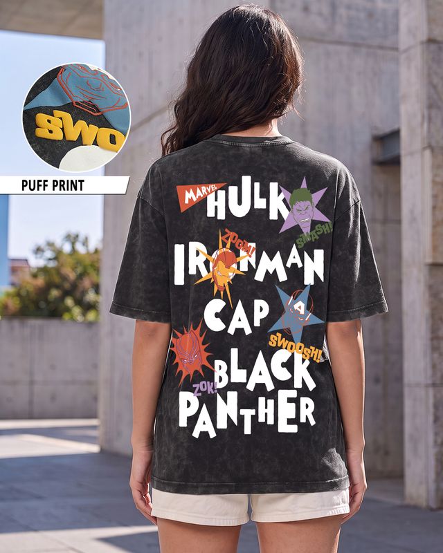 Women's Black Avengers Graphic Printed Oversized Acid Wash T-shirt