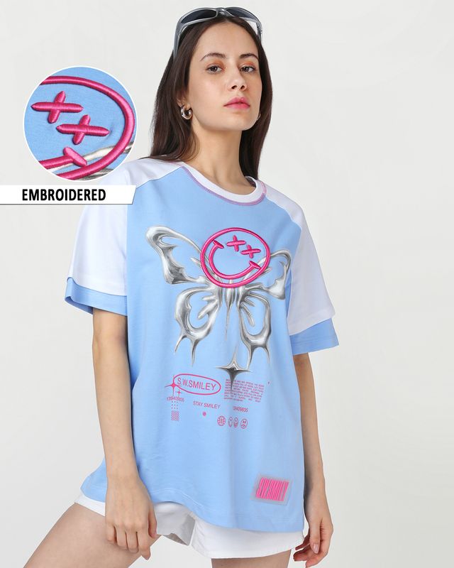 S.W.Smiley Women's Poseidon Blue & White Embroidered Oversized T-shirt