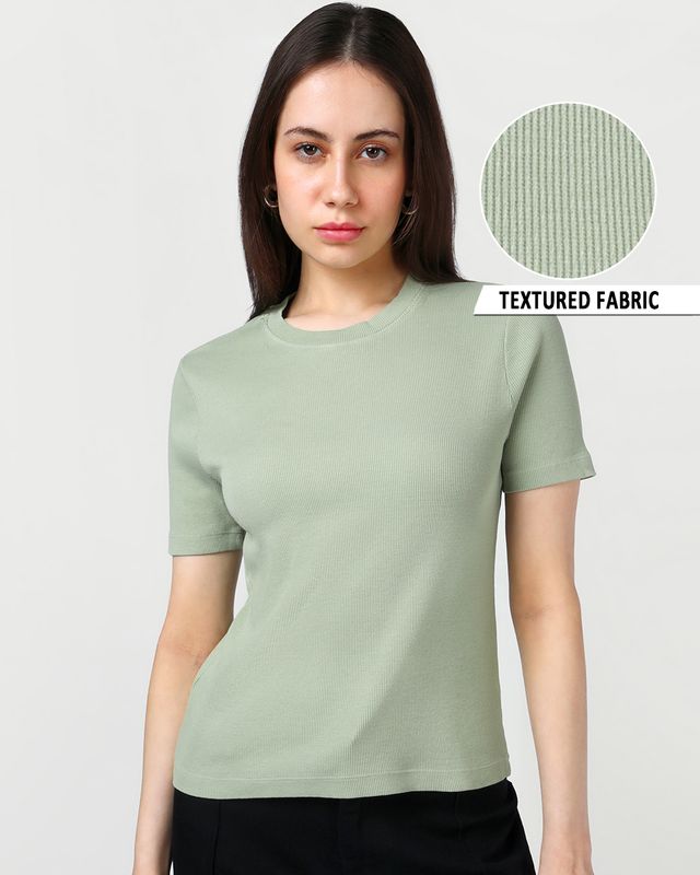 Women's Swamp Green Textured Slim Fit T-shirt