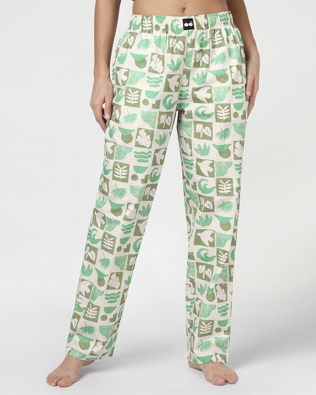 Women's Off White & Green All Over Printed Pyjamas