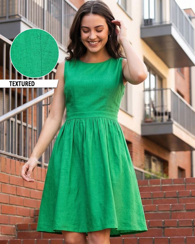 Women's Green Textured Flared Dress