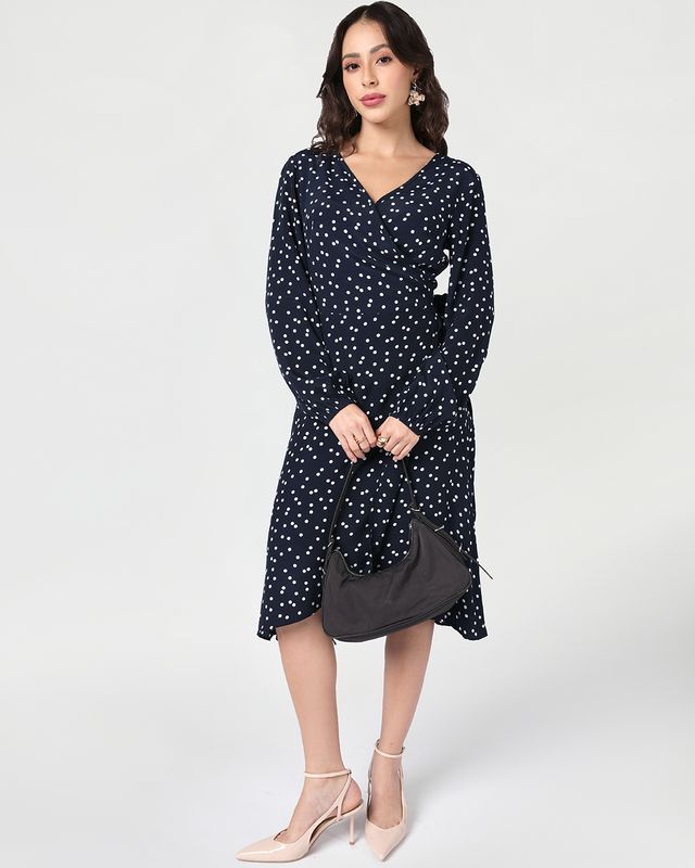 Women's Navy Blue All Over Printed Flared Midi Dress