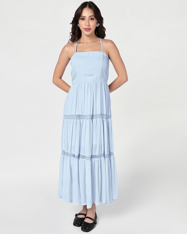 Women's Light Blue Textured Flared Maxi Dress