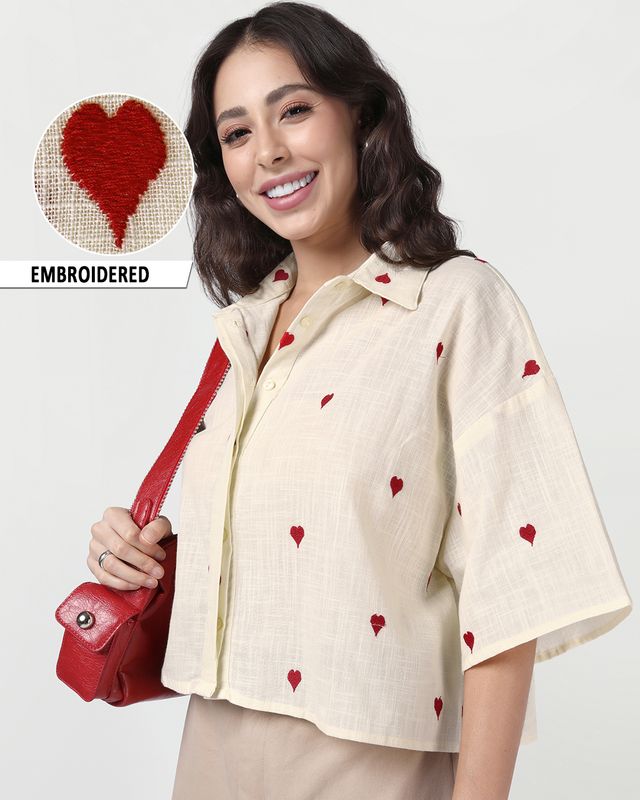 Women's Off White Embroidered Oversized Shirt