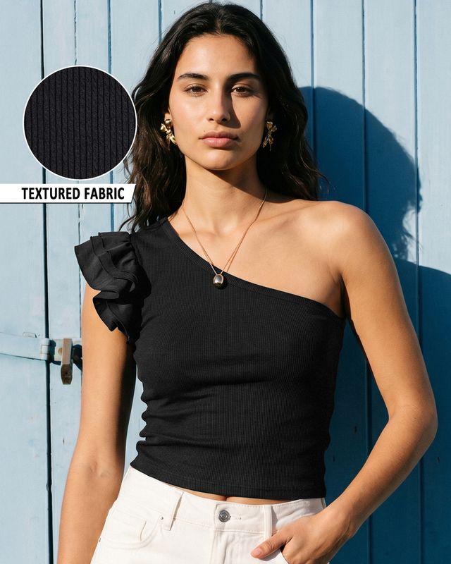 Women's Jet Black Textured Slim Fit Short Top