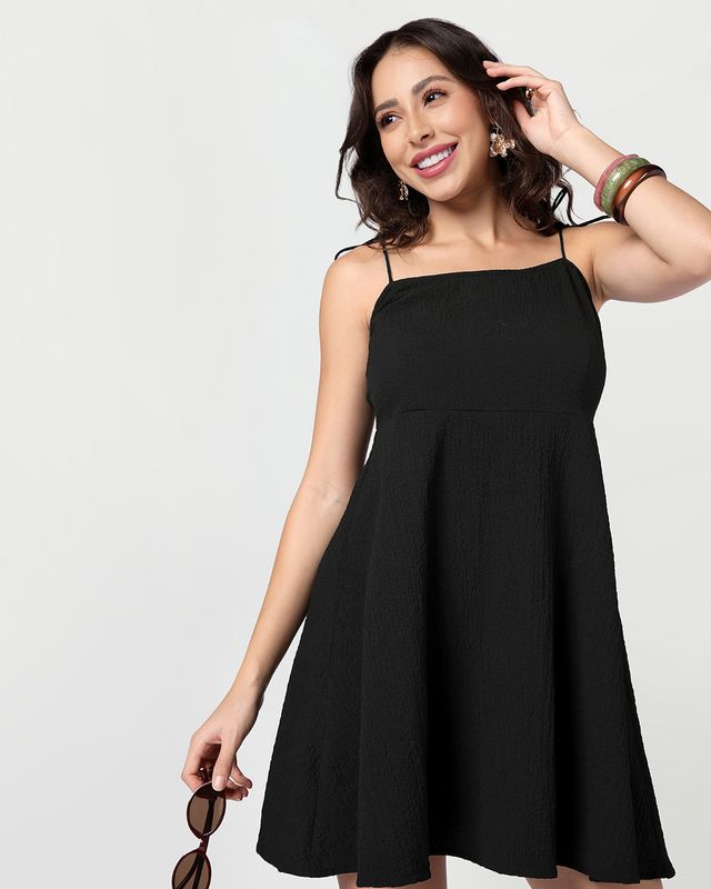 Women's Jet Black Textured Flared Mini Dress