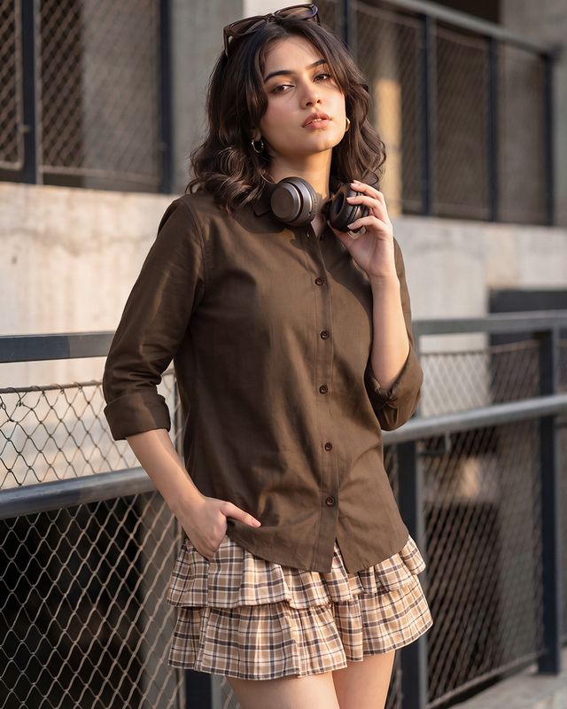 Women's Brown Oversized Cotton Linen Shirt