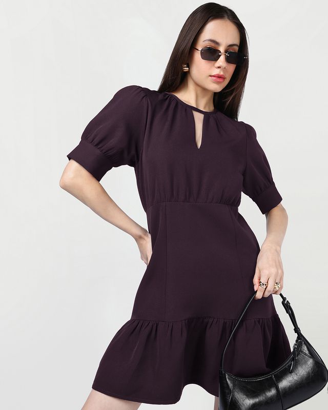 Women's Wine Maroon Flared Mini Dress