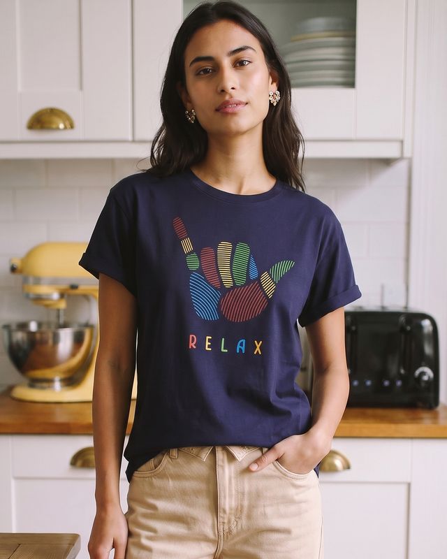 Women's Navy Blue Hang Loose Relax Graphic Printed Boyfriend T-shirt
