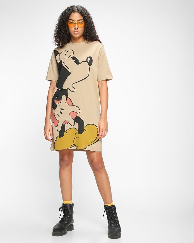 Shop Women's Brown Mickey The Original Graphic Printed Oversized T-shirt Dress-Front