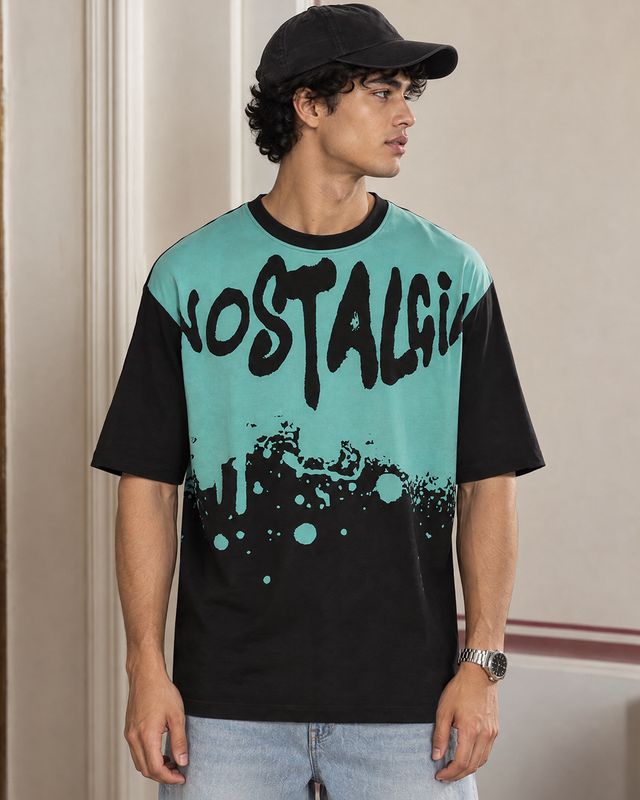Men's Black & Green Nost Graphic Printed Oversized T-shirt