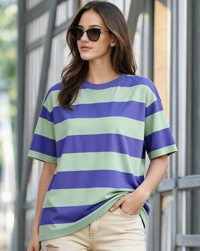 Shop Women's Blue & Green Striped Oversized T-shirt-Front