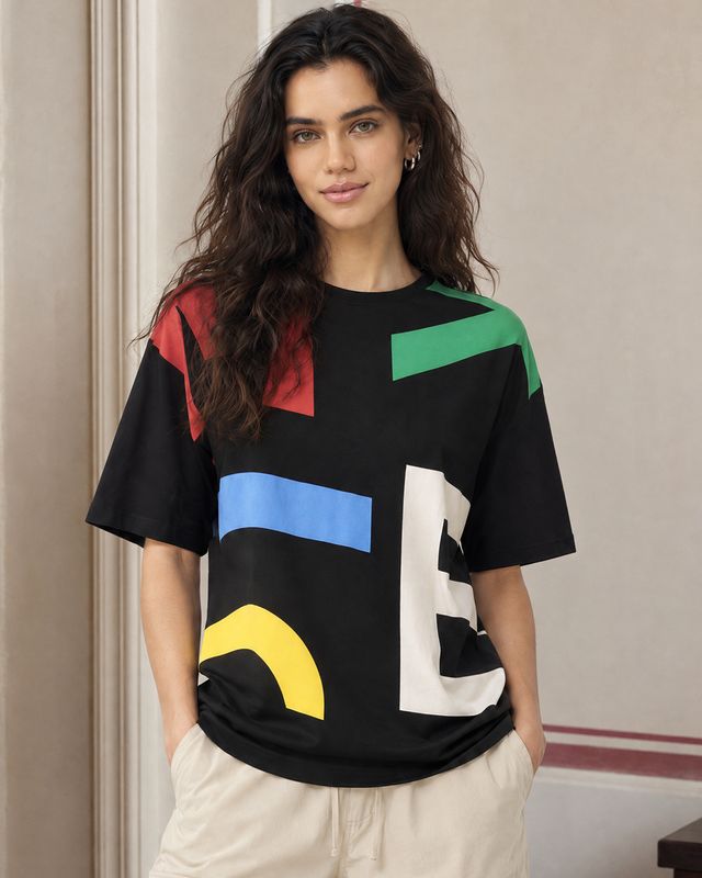 Women's Black All Over Printed Oversized T-shirt