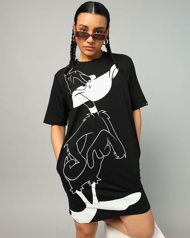 Women's  Black Daffy Graphic Printed Oversized Dress
