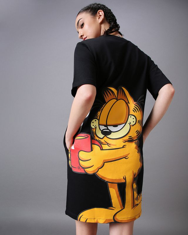 Women's Black Garfield Graphic Printed Oversized T-shirt Dress