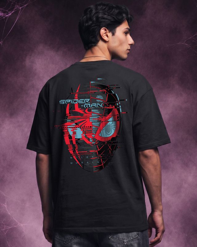 Men's Black Across The Spiderverse Graphic Printed Oversized T-shirt