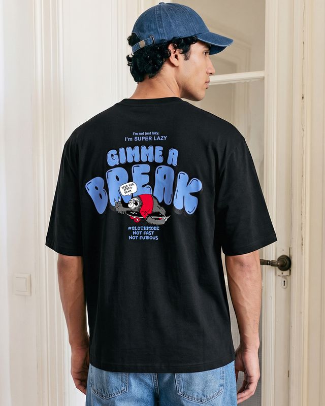 Men's Black Gimme a Break Graphic Printed Oversized T-shirt